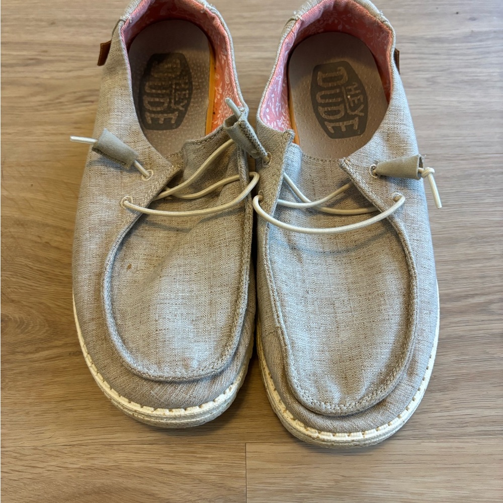 Hey Dude Tan Slippers with Canvas Fabric and Rubber Sole